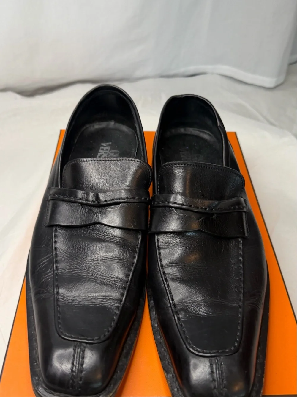 Versace Black Leather Slip-On Penny Loafers for Men